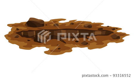 Hole ground. Entrance underground, big crack or ruin. Dirty, dark entrance, detailed drawing in cartoon style. Deep pit. Cartoon den of wild animal 93316552