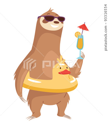 Sloth character with inflatable circle and cocktail. Cute cartoon sloth-bear character. Funny lazy animal, hand drawn clip art illustration. Jungle rainforest sloth. Tropical mammal or adorable sloth Sloth character with inflatable circle and cocktail. Cute cartoon sloth-bear character. Funny lazy animal, hand drawn clip art illustration. Jungle rainforest sloth. Tropical mammal or adorable sloth 93316554