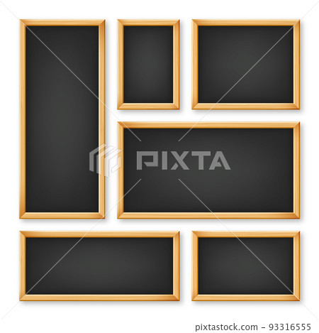 Realistic various chalkboards in a wooden frame. Black restaurant menu board. School blackboard, writing surface for text or drawing. Blank advertising or presentation boards. Vector illustration Realistic various chalkboards in a wooden frame. Black restaurant menu board. School blackboard, writing surface for text or drawing. Blank advertising or presentation boards. Vector illustration 93316555