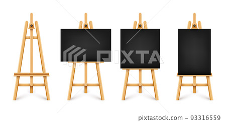 Realistic paint desk with blank black canvas. Wooden easel and a sheet of drawing paper. Presentation board on a tripod. Artwork mockup, template. Vector illustration Realistic paint desk with blank black canvas. Wooden easel and a sheet of drawing paper. Presentation board on a tripod. Artwork mockup, template. Vector illustration 93316559
