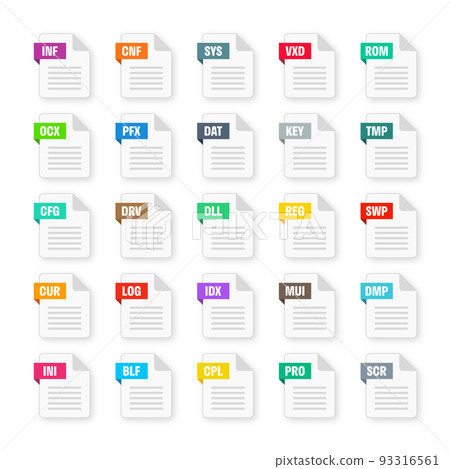 Common system file formats. Document types and extensions. Flat style icons collection. Document pictogram, web design UI element, template. Computer program or application icon. Vector illustration 93316561