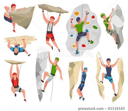 Mountain climbing person in different postures. Set climber men on rock mountain with equipment. Extreme outdoor sports. Mans overhang from rock 93316585