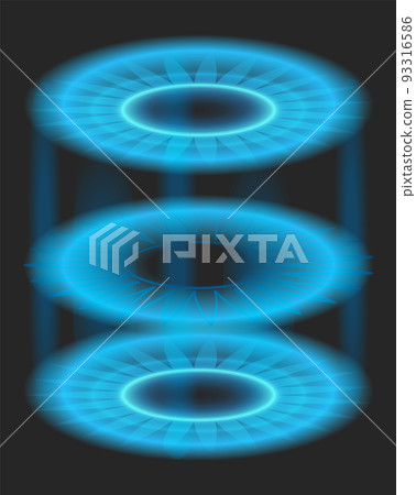 Teleport with blue glow rays with sparks. Neon energy circles, portal podium. Light futuristic digital wrap or fantasy glowing hologram. Vector vertical space tunnel with luminous beams 93316586