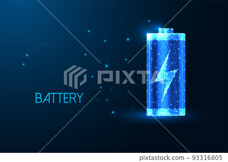 Abstract battery with charging symbol of in futuristic glowing low polygonal style on dark blue  93316805