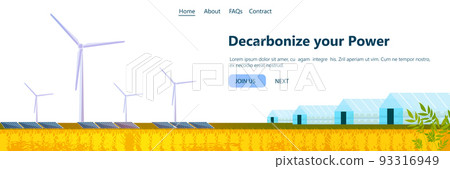 Wind turbines and solar panels energy renewable station in field waste free world decarbonize your power concept Wind turbines and solar panels energy renewable station in field waste free world decarbonize your power concept 93316949