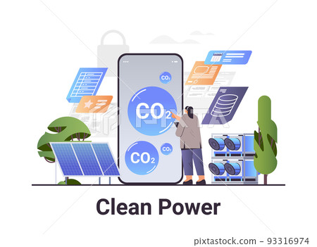 businesswoman analyzing clean power on smartphone carbon credit concept responsibility of co2 emission environment strategy 93316974