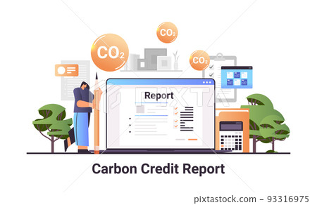 businesswoman making carbon credit report on laptop screen responsibility of co2 emission environment strategy 93316975