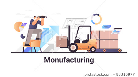 businessman looking through binocular on forklift with cardboard box carbon credit manufacturing concept 93316977