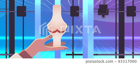 researcher hand pointing knee joint model printed on 3d bio printer medical printing of human transplantation organ researcher hand pointing knee joint model printed on 3d bio printer medical printing of human transplantation organ 93317000