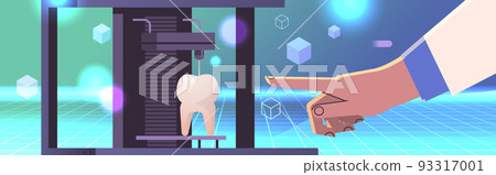 researcher hand pointing tooth model printed on 3d bio printer medical printing of human transplantation organ 93317001