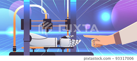 scientists hand touching robotic hand model printed on 3d printer medical printing artificial intelligence biological engineering scientists hand touching robotic hand model printed on 3d printer medical printing artificial intelligence biological engineering 93317006