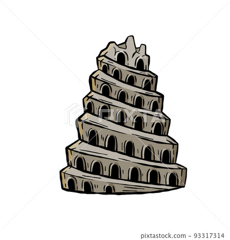 Tower of Babel. Ancient city Babylon of Mesopotamia and Iraq. Biblical story. Sumerian civilization. History and archaeology. Hand drawn sketch 93317314
