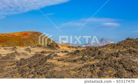 View of black sand volcanic desert and stone on Kamchatka Peninsula 93317470