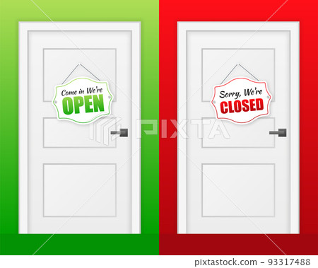 Open door sign. Door sign. Label with text in flat style. Open door sign. Door sign. Label with text in flat style. 93317488