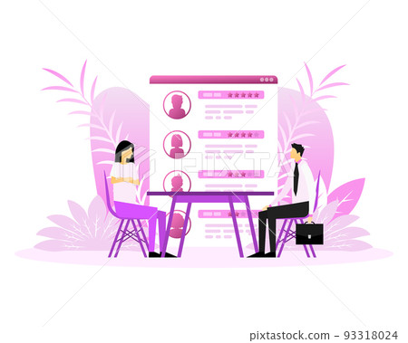 Customer review with gold star icon in laptop screen. People in flat style. Vector illustration 93318024