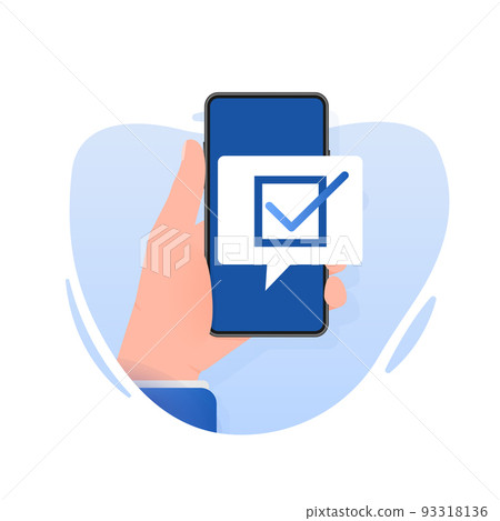 Smartphone having approved tick notification, successful operation check mark. Laptop with checkmark notification Smartphone having approved tick notification, successful operation check mark. Laptop with checkmark notification 93318136