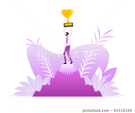 Success award people in flat style on gold background. Champion trophy, gold cup. Flat illustration. 93318189
