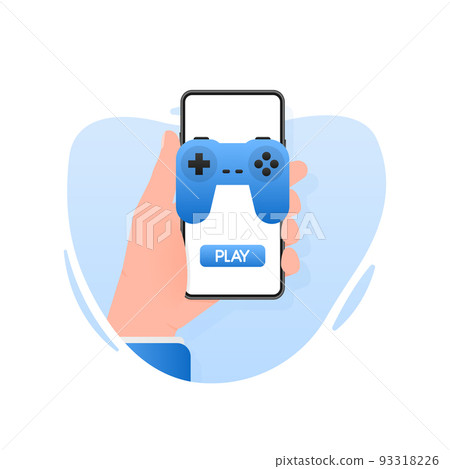 Games people in flat style. Cartoon video game. Vector illustration. Hand holding mobile phone Games people in flat style. Cartoon video game. Vector illustration. Hand holding mobile phone 93318226