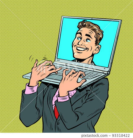 Pop art businessman with laptop laptop instead of a head. An electronic device carrying a computer. Office work Pop art businessman with laptop laptop instead of a head. An electronic device carrying a computer. Office work 93318422