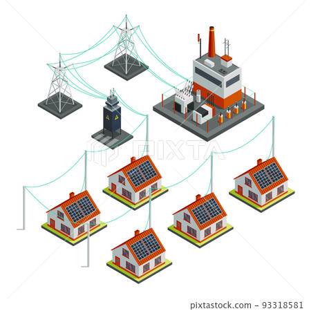 Energy power grid isometric. Power distribution with family house, wind and high voltage electricity grid pylons, electric transformer. Electric transmission network providing energy supply 93318581
