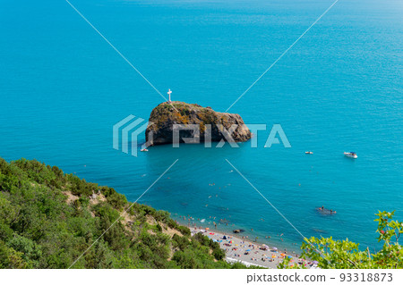 Cape crimea fiolent beautiful cross rock crimean sevastopol sea travel, from shore sky from scenery and stone mountain, adventure seashore. Panoramic europe horizon, 93318873