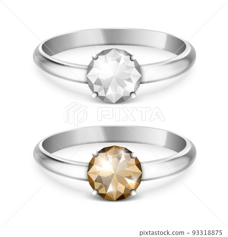 Vector 3d Realistic Silver Metal Wedding Ring with White and Brown Gemstone, Diamond Closeup Isolated. Design Template of Shiny Silver Ring. Side, Front View 93318875