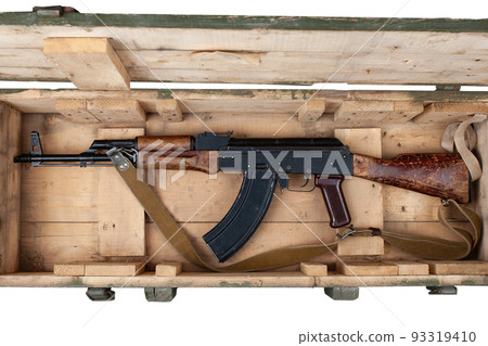 Kalashnikov AK47 gun in army green crate Kalashnikov AK47 gun in army green crate 93319410