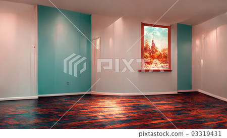 Empty room with spotlights, classic wooden floors, and wall painting. 3D rendering 93319431