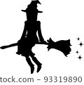 Silhouette of a witch flying on a broom 93319890