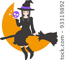 Illustration of a witch flying on a kite 93319892