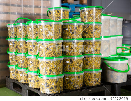 Pickled olives in plastic buckets Pickled olives in plastic buckets 93322069