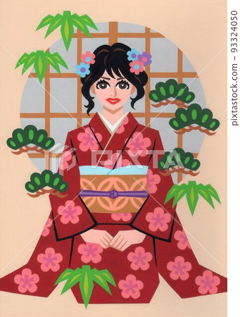 A woman in a red long-sleeved kimono sitting on her knees in front of a round window shoji A woman in a red long-sleeved kimono sitting on her knees in front of a round window shoji 93324050