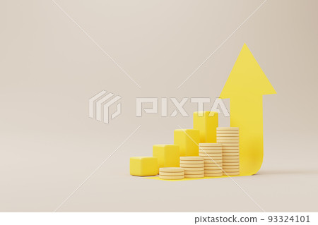 Coins stack growthing meaning increase money value with arrow sign. Save money and investment concept. 3d rendering illustration Coins stack growthing meaning increase money value with arrow sign. Save money and investment concept. 3d rendering illustration 93324101