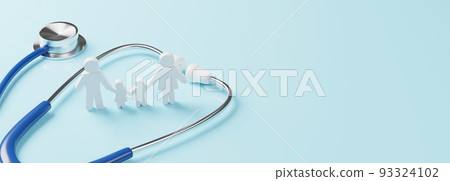 Top view of medical stethoscope and icon family on cyan background. Health care insurance concept. 3d rendering Top view of medical stethoscope and icon family on cyan background. Health care insurance concept. 3d rendering 93324102