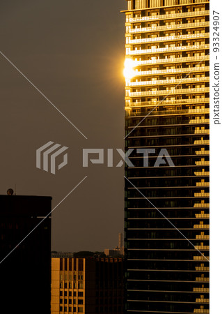 早晨的陽光照進一座聳立在橫濱大城市海灣邊的塔式公寓|神奈川縣橫濱市 93324907