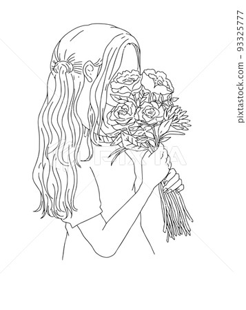 韓式風格，一位時尚女性手捧花束的插畫，明信片 93325777