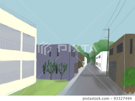 Illustration of a cityscape of a residential area lined with collective housing and detached houses 93327494