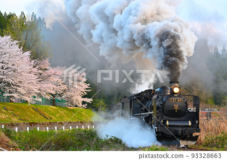 Niigata Prefecture JR East Ban'etsu West Line SL Banetsu Monogatari & Sakura & Smoke (150th anniversary of railway opening without headmark) 93328663
