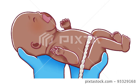 Illustration of the moment of childbirth A baby with an umbilical cord 93329168