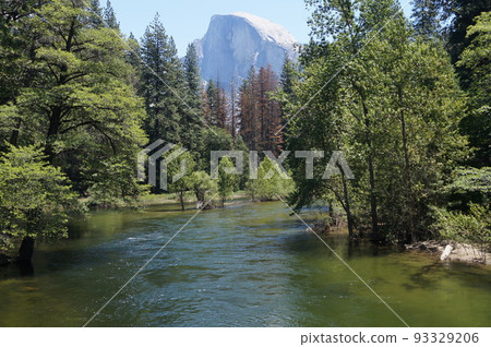 從美國優勝美地哨兵橋看到的默塞德河和半圓頂 93329206