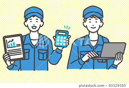 Vector illustration material of a male worker who explains to customers with a tablet or computer in DX promotion / picking / Vector illustration material of a male worker who explains to customers with a tablet or computer in DX promotion / picking / 93329385