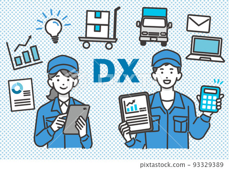 DX 促銷和物流圖標中使用平板電腦和個人電腦的男性和女性工人的矢量圖解 93329389