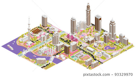 Streetscape illustration that becomes a large city when combined like blocks Variations available 93329970