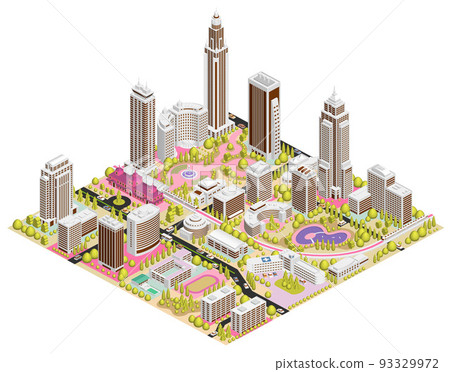 Streetscape illustration that becomes a large city when combined like blocks Variations available 93329972