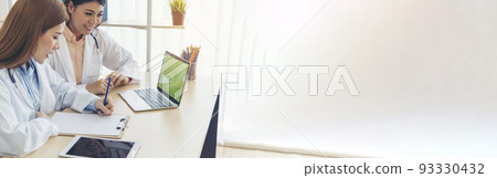 Banner hands of two women doctor medical lab discussing together healthcare teamwork. Panorama Two asian women doctors meeting write prescription medical clinic office using laptop with copy space. Banner hands of two women doctor medical lab discussing together healthcare teamwork. Panorama Two asian women doctors meeting write prescription medical clinic office using laptop with copy space. 93330432
