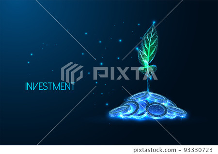 Concept of investment, money savings with plant growing from coins in futuristic glowing style Concept of investment, money savings with plant growing from coins in futuristic glowing style 93330723
