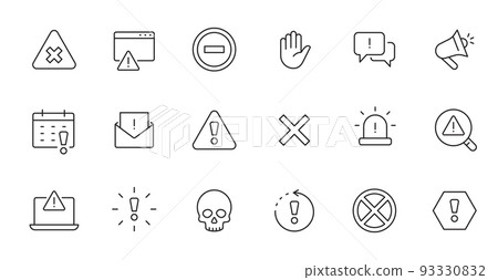 Alert, risk sign line icon set. Caution, warning, exclamation mark thin editable line stroke icon. Alert information, accident notification Alert, risk sign line icon set. Caution, warning, exclamation mark thin editable line stroke icon. Alert information, accident notification 93330832