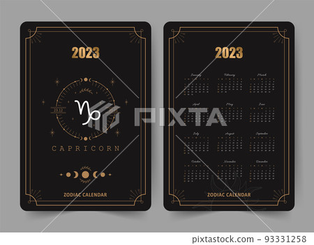 Zodiac capricorn calendar 2023. Pocket size. Front and back sides. Week starts on sunday. Astrological vector template ready to print. Vertical layout in English with horoscope sign 93331258