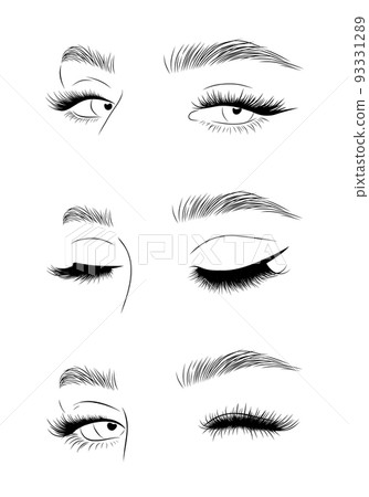 Set of realistic woman eyes. Female lashes and eyebrows. Lamination and extension eyelashes. Beauty studio logo. Linear vector Illustration in trendy minimalist style 93331289