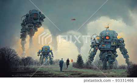 巨型機器人遊蕩的廢墟世界“人工智能生成的圖像” 93331466
